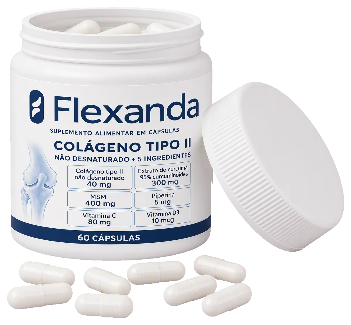 Frasco de Flexanda aberto com cápsulas