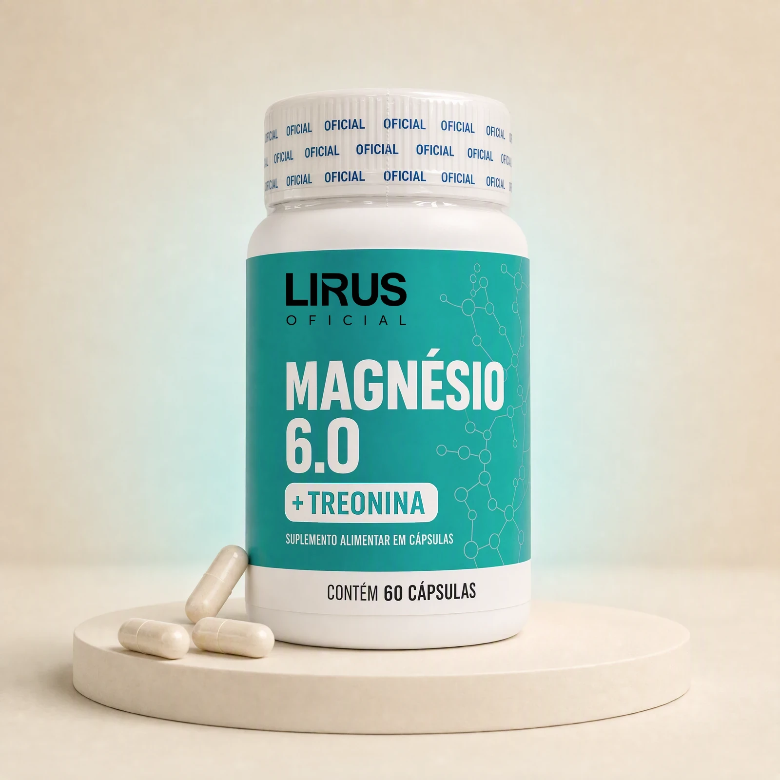 Frasco de Magnésio 6.0 com rótulo verde, lacre OFICIAL e 60 cápsulas, com cápsulas ao lado