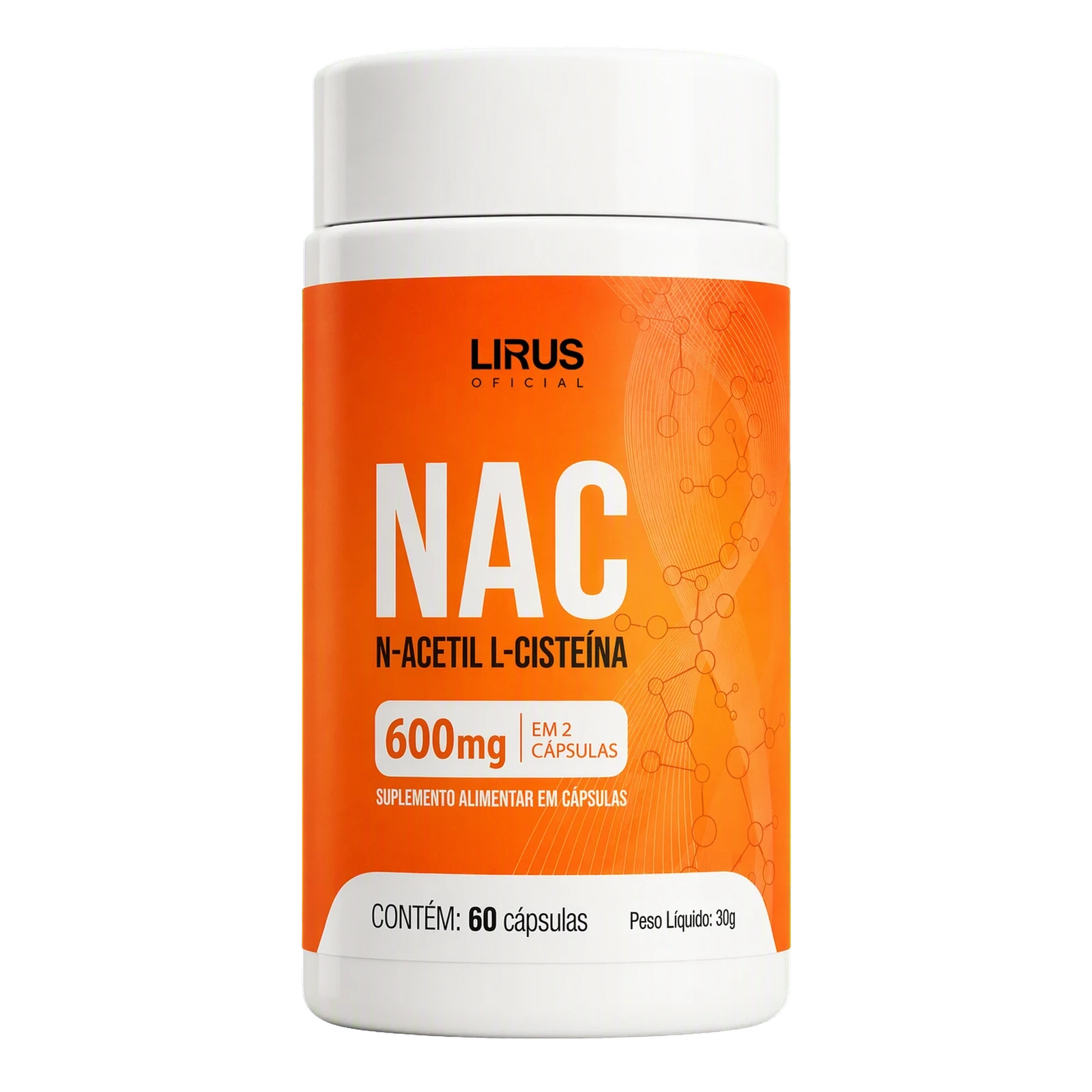 Frasco de NAC com rótulo laranja, lacre OFICIAL e 60 cápsulas, com cápsulas ao lado